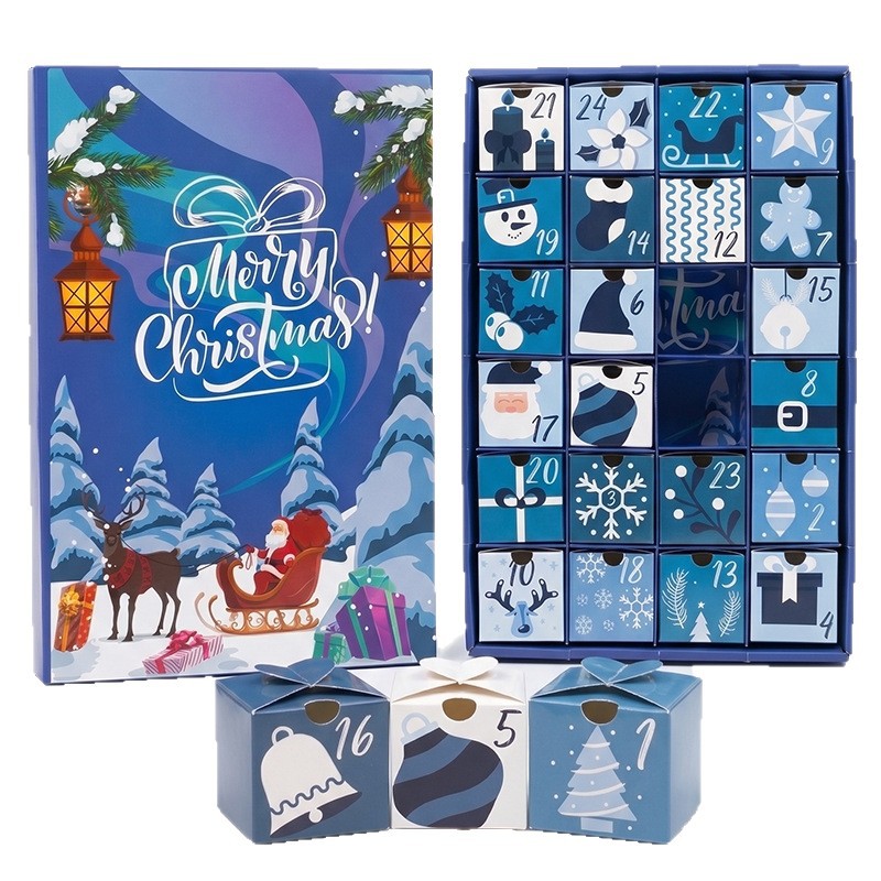 Custom 24 Boxes Flat-Pack Blue Theme Christmas Advent Calendar Box Factory - Holidaypac