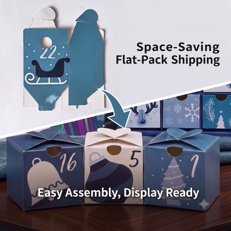 Custom 24 Boxes Flat-Pack Blue Theme Christmas Advent Calendar Box Factory - Holidaypac