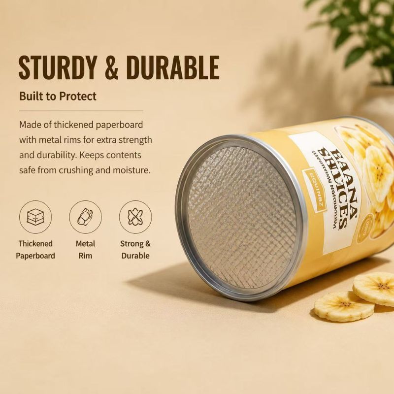 Custom Food-Grade Paper Tube Lid Banana Chips with Aluminium Foil Easy Peel Off Plastic Lid