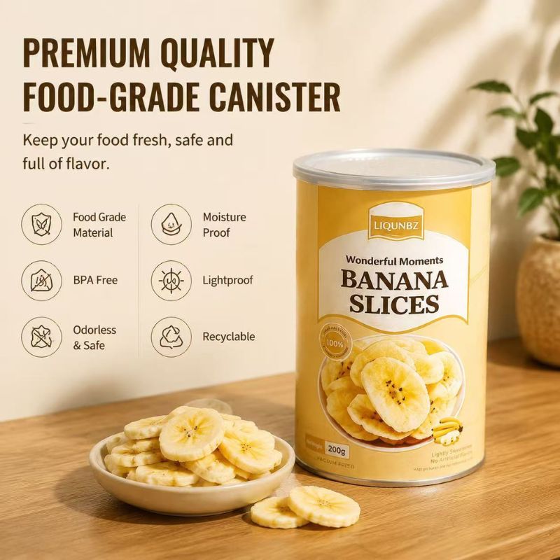 Custom Food-Grade Paper Tube Lid Banana Chips with Aluminium Foil Easy Peel Off Plastic Lid