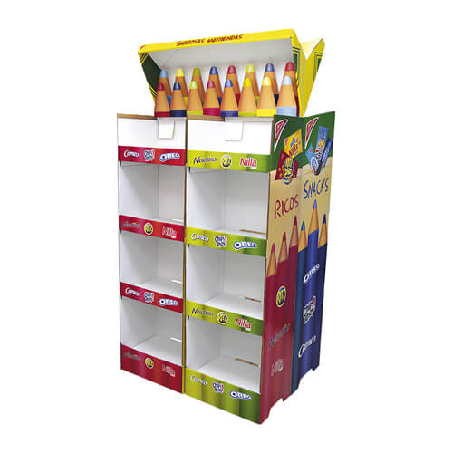 Holidaypac custom cardboard pen floor display stand with tiered shelves
