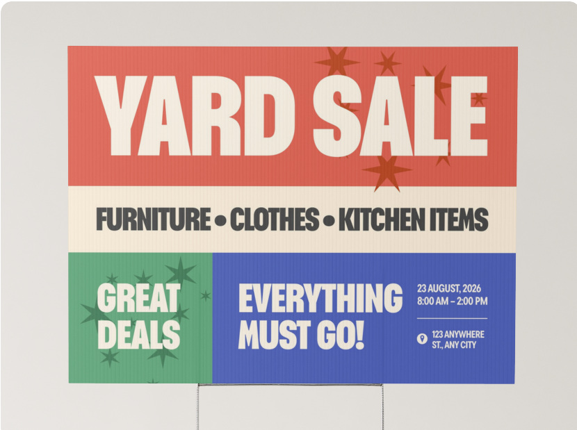 Full-color yard sale sign design with bold headline and color-block layout
