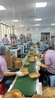 Two operators handling formed paper trays beside a conveyor
