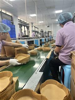 Holidaypac workers handling round formed air fryer paper liners on a conveyor.