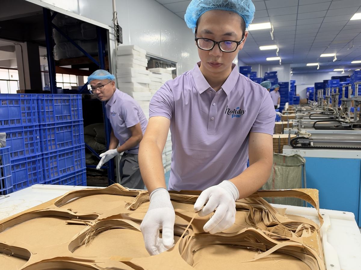 Holidaypac operator separating formed air fryer paper liner pieces by hand at a worktable Holidaypac operator separating formed air fryer paper liner pieces by hand at a worktable