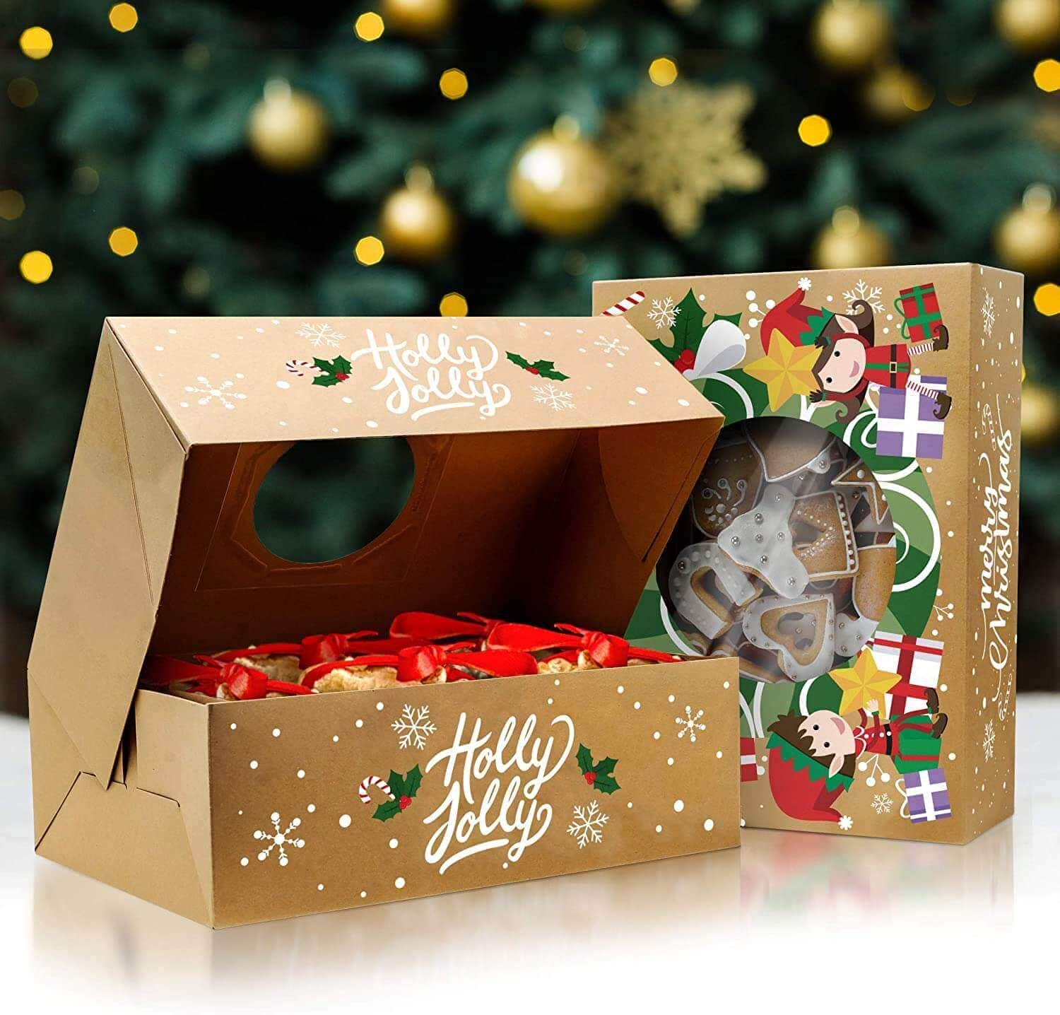 Christmas Cookie Boxes Bulk 12 Pack Kraft Large Holiday Christmas Food, Bakery Treat Boxes with Window, Candy and Cookie Boxes for Gift Giving Kraft Packaging Containers & Tins with Lids