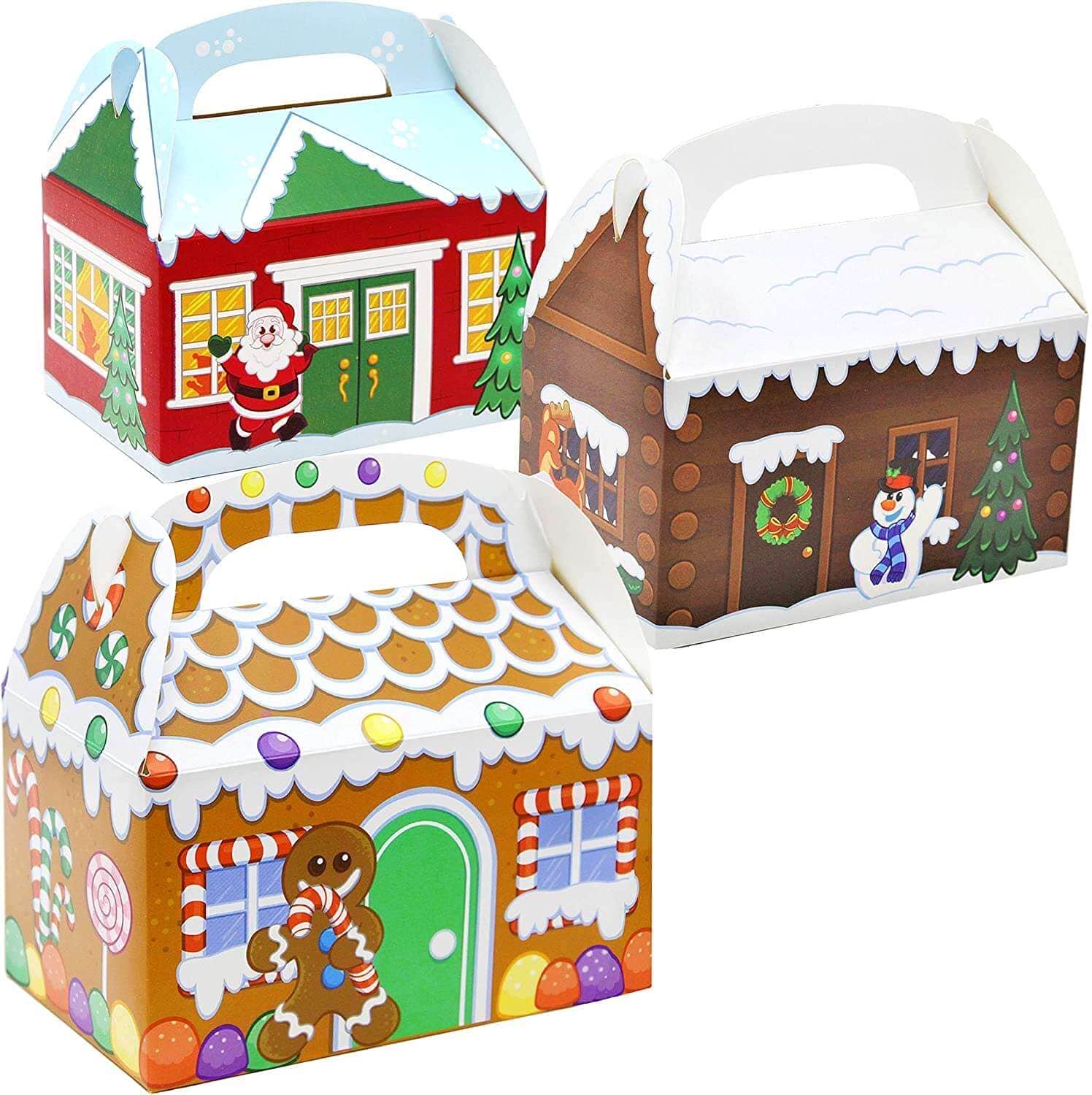 24 Pieces 3D Christmas House Cardboard Treat Boxes for Holiday Xmas Goody Gift, Goodie Paper Boxes, School Classroom Party Favor Supplies, Candy Treat Cardboard Cookie Boxes