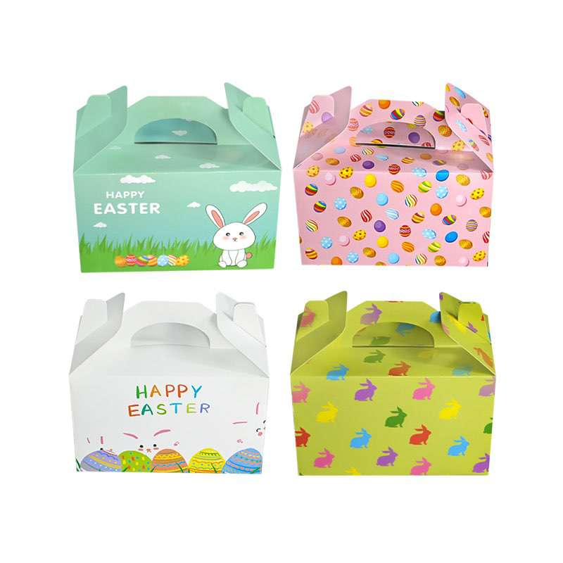 Customize Take Away Cardboard Gable Paper Boxes Happy Easter Bunny and Eggs Basket Containers Candy Cookie Boxes