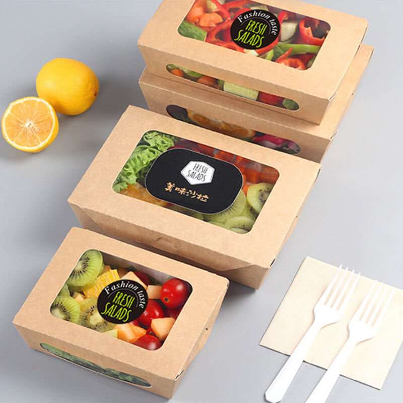 Custom disposable rectangle kraft paper window food salad box