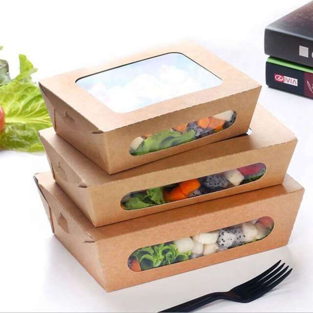 Custom disposable rectangle kraft paper window food salad box