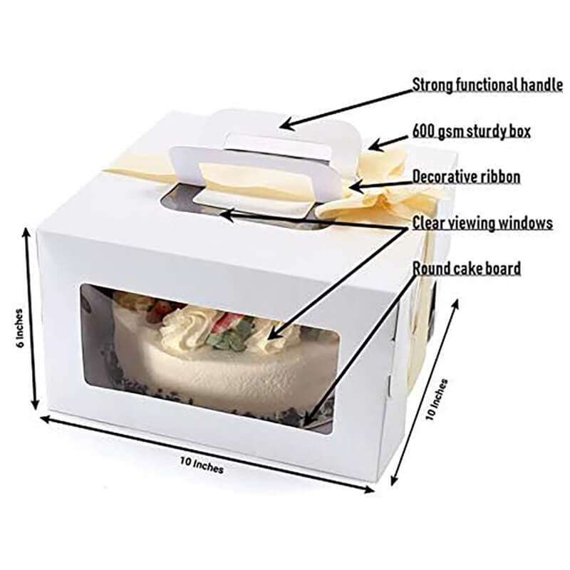Custom 10Inch White Cake Box With Round Cake Plate Handle And Decorative Ribbon