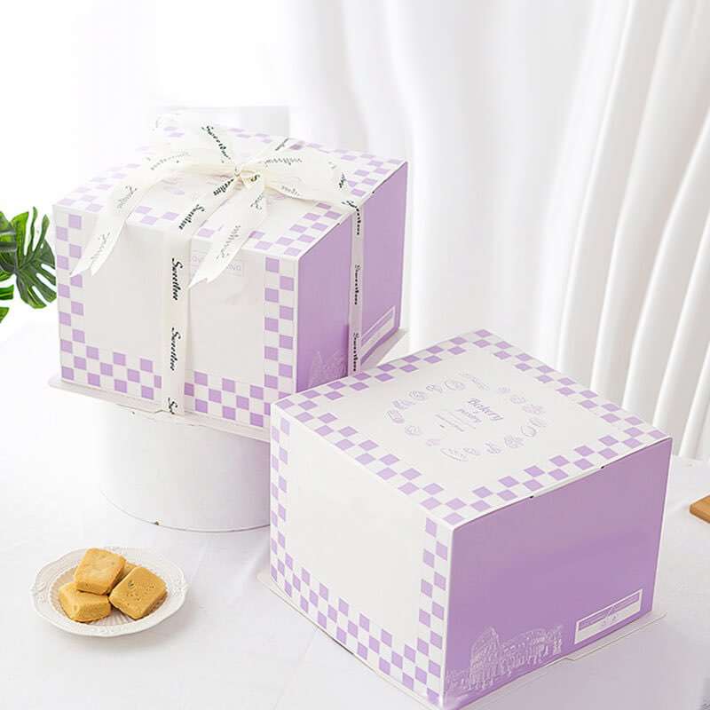 Wholesale Purple Square Folding Birthday Cake Boxes With Ribbon Custom Size Logo