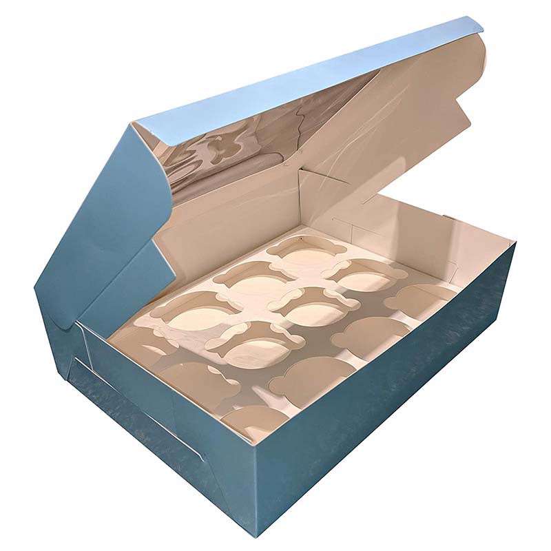 Custom Premium Pale Blue Bakery Boxes with Windows and Inserts for 12 Cupcakes Muffins Baked Goods