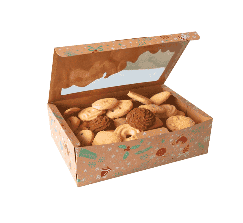 Christmas cookie box donut gift box bread box transparent window Santa snowman holiday design and Christmas ribbon gift
