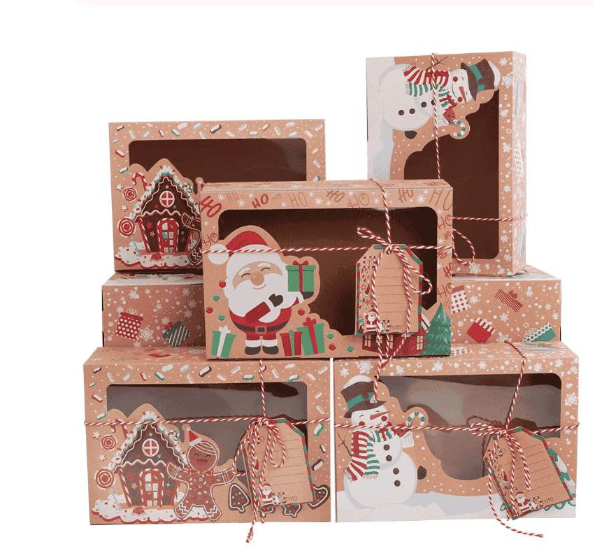 Christmas cookie box donut gift box bread box transparent window Santa snowman holiday design and Christmas ribbon gift