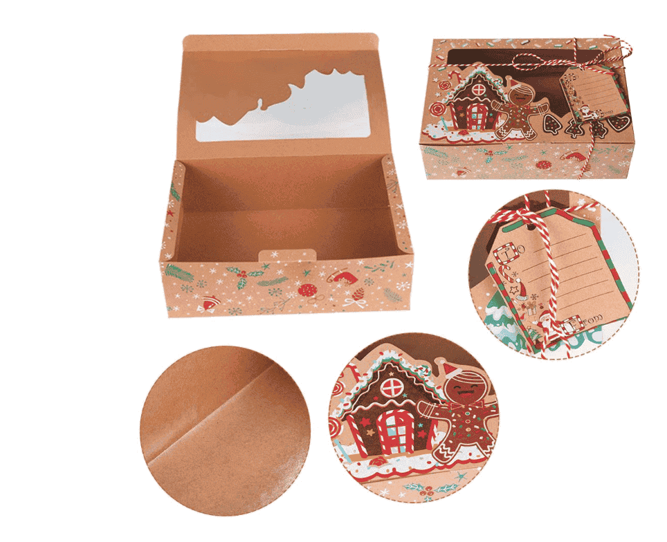 Christmas cookie box donut gift box bread box transparent window Santa snowman holiday design and Christmas ribbon gift