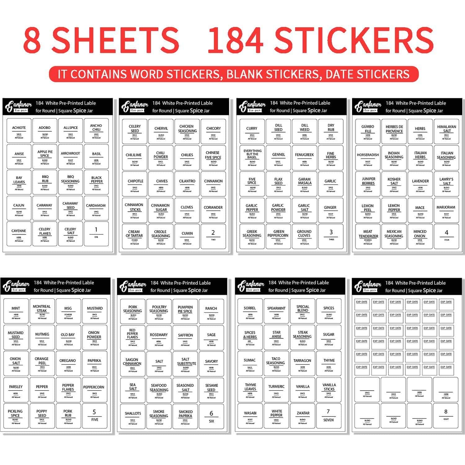 184pcs Spice Jar Labels,Extra Write-on Labels for DIY,Waterproof Label with Black Capital Letters on White Background,for Spice Containers, Glass, Mason Jars (Does Not Include Jars)