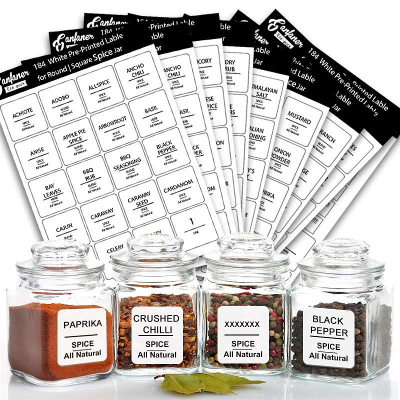 184pcs Spice Jar Labels,Extra Write-on Labels for DIY,Waterproof Label with Black Capital Letters on White Background,for Spice Containers, Glass, Mason Jars (Does Not Include Jars)